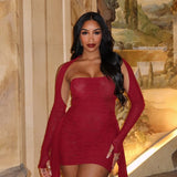 MB FASHION Mesh Ruched Mini Dress with Arm Sleeves 4947