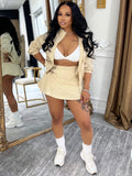 MB FASHION Long Sleeve Zip-Up Cropped Jacket & Ruched Mini Skirt Set 6012