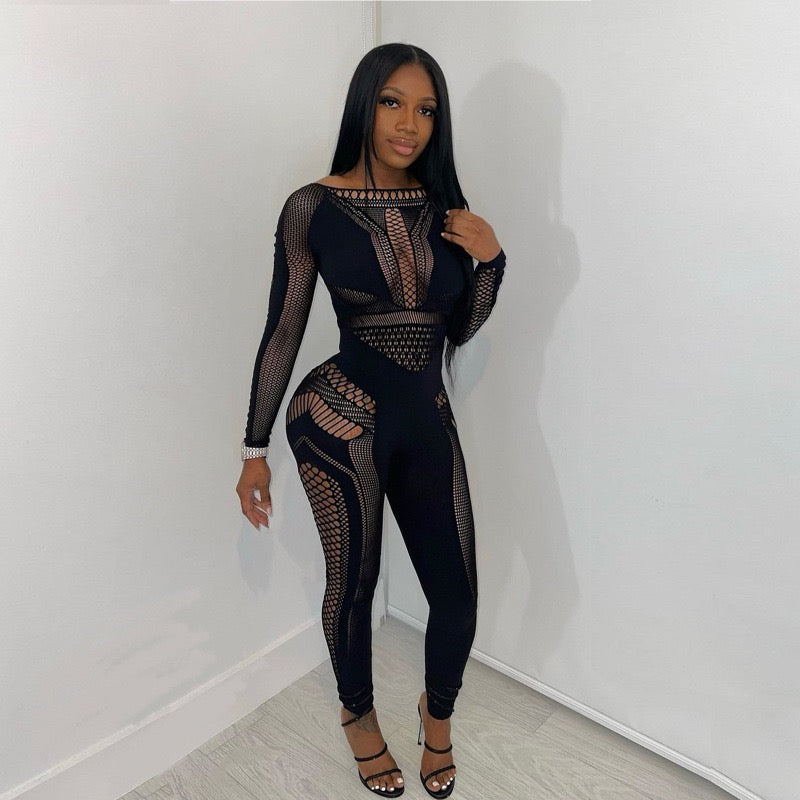 MB FASHION Sheer Mesh Cutout Jumpsuit - Long Sleeve Bodysuit 2095