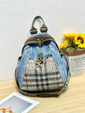Every Fashion Denim Convertible Backpack with Embellished Plaid Front Pocket