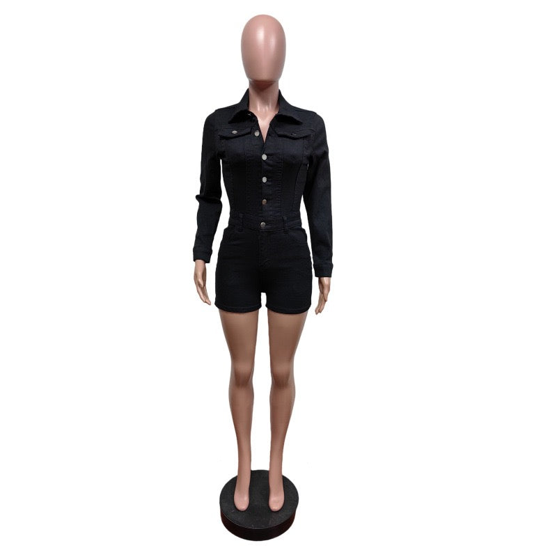 MB FASHION Long Sleeve Button-Up Denim Romper with Chest Pockets 88622