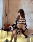 EVERY FASHION Plaid Pattern Fringe Poncho Wrap