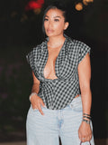 MB FASHION Short Sleeve Collared Plaid Button-Up Top 6017