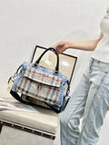 Every Fashion Denim Embellished Top-Handle Satchel with Plaid Front Pocket