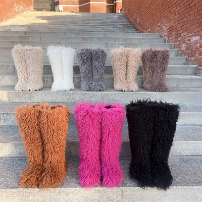 Every Fashion Knee-High Fluffy Faux Fur Statement Boots