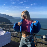 MB FASHION Letter Patch Cropped Puffer Jacket with Fleece Collar 392