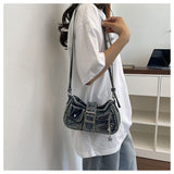 EVERY FASHION Distressed Denim Multi-Pocket Shoulder Bag with Hardware Details