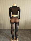 MB FASHION Sheer Mesh Mock-Neck Crop Top & High-Waist Tights Set 1477