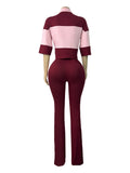 MB FASHION Two-Piece Colorblock Polo Crop and Flare Set 6036