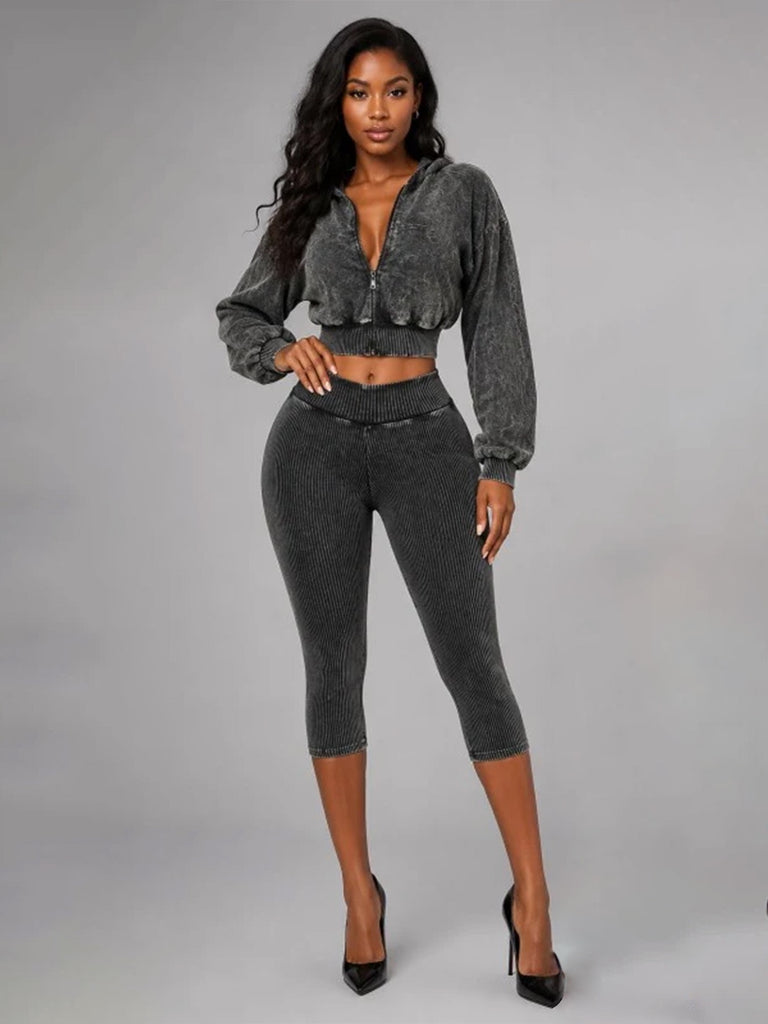MB FASHION Cropped Zip-Up Hoodie and High-Waist Capri Leggings Two-Piece Set