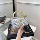 Every Fashion Quilted Patent Box Handbag with Top Handle and Chain Strap
