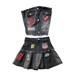 MB FASHION Denim Tube Top & Pleated Mini Skirt Set with Patches 88656