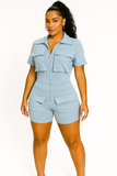 MB FASHION Short Sleeve Utility Romper with Pockets and Front Zipper 8166LY