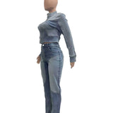 MB FASHION Two-Piece Zip-Up Denim Jacket and High-Waist Jeans Set 8196