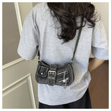 EVERY FASHION Distressed Denim Multi-Pocket Shoulder Bag with Hardware Details
