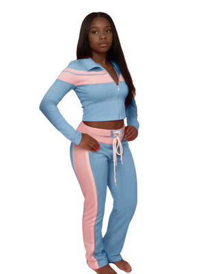 MB FASHION 2-Piece Zip Front Crop Top & Lace-Up High Waist Pants Set MB5037