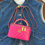 Every Fashion Quilted Patent Box Handbag with Top Handle and Chain Strap