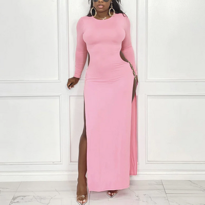 MB FASHION Long Sleeve Maxi Dress with High Slit and Chain Detail 8129R