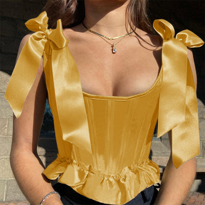 MB FASHION Satin Bow-Tie Corset Top with Lace-Up Back 173T