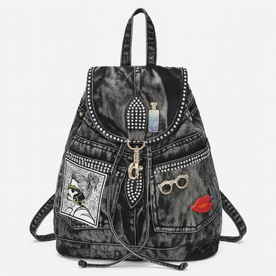 Every Fashion Studded Denim Patchwork Backpack with Charm Accents 58924