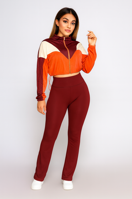 EVERY FASHION Color-Block Cropped Jacket and High-Waist Flare Pants Set HR24060