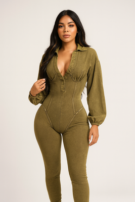 EVERY FASHION HIGH QUALITY COTTON RIBBED V-Neck Fitted Hourglass Jumpsuit MB 4102LY