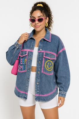 MB FASHION Oversized Denim Jacket with Pink Trim 3980LY