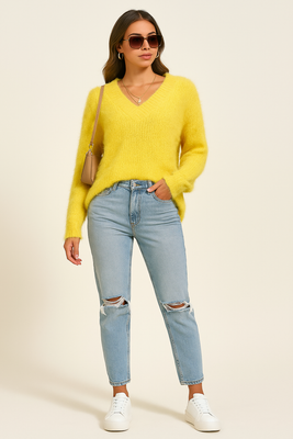 KYE MI Fuzzy Knit V-Neck Sweater with Asymmetrical Hemline 30582LY