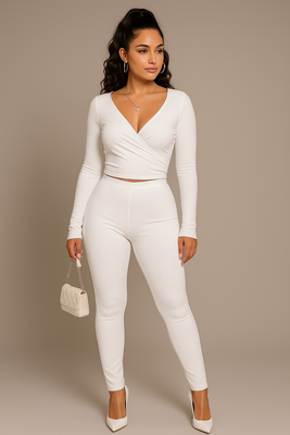 MB FASHION Elegant Satin Long Sleeve Wrap Two Piece Leggings Set 5204LY