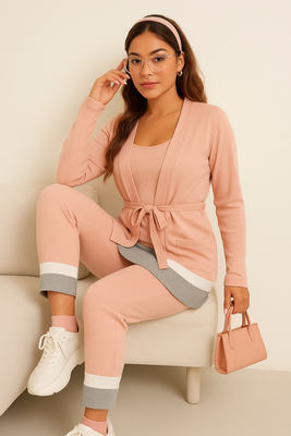 MB FASHION 3-Piece Contrast Panel Cardigan, Tunic, and Pants Set 3647