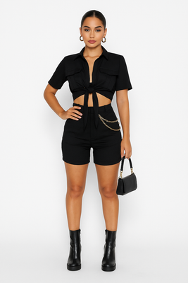 MB FASHION Button-Up Crop Top and High-Waist Shorts Set 8328LY