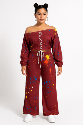 MB FASHION Off-Shoulder Lace-Up Splatter Print Two-Piece Set 7532