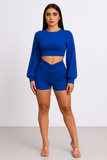 MB FASHION Long-Sleeve Ruched Crop Top and High-Waisted Shorts Set 253R