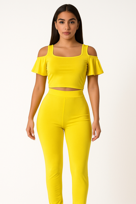 MB FASHON Cold-Shoulder Crop Top and Slim-Fit Pants Two-Piece Set 199R