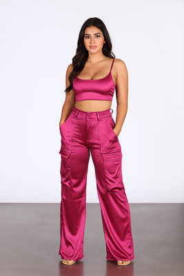MB FASHION High-Waisted Satin Cargo Pants with Wide-Leg Fit 7088LY