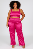 MB FASHION High-Waisted Satin Cargo Pants with Wide-Leg Fit 7088LY