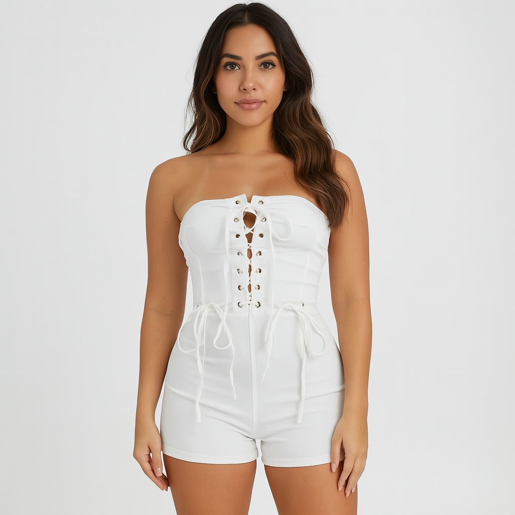 MB FASHION Strapless Lace-Up Corset Jumpsuit with Shorts 0082T