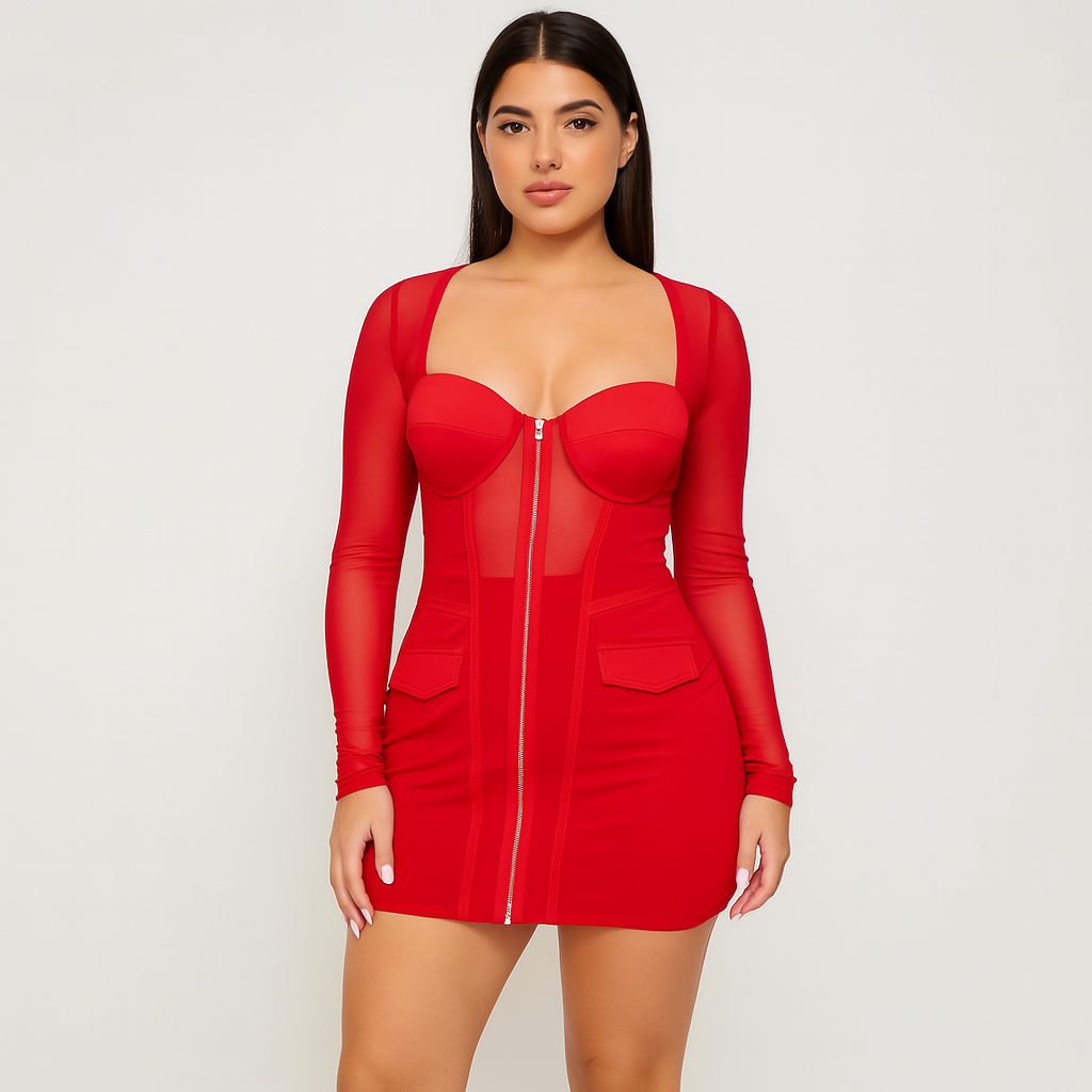 MB FASHION Sheer Bustier Long Sleeve Top and Shorts Set 6501T