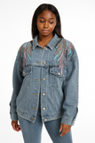 MB FASHION Embellished Denim Jacket with Feather Embroidery and Studs 8100LY
