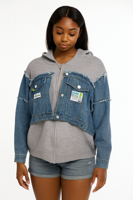 MB FASHION Oversized Knit & Denim Patchwork Hoodie Jacket – Streetwear Chic 8005LY