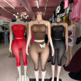 MB FASHION Sheer Mesh Strapless Bandeau Crop Top & Matching Capri Pants Two-Piece Set 1495