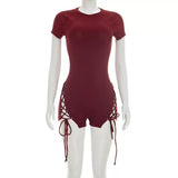 MB FASHION Short Sleeve Lace-Up Side Romper – Crew Neck Ribbed Short Jumpsuit 027
