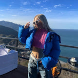 MB FASHION Letter Patch Cropped Puffer Jacket with Fleece Collar 392