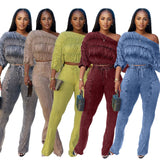 MB FASHION Ruched Off-Shoulder Top & High-Waist Flared Pants Set 9532