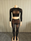 MB FASHION Sheer Mesh Mock-Neck Crop Top & High-Waist Tights Set 1477