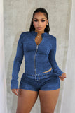 MB FASHION Long Sleeve Zip-Up Denim Jacket & High-Waisted Shorts Set 88616
