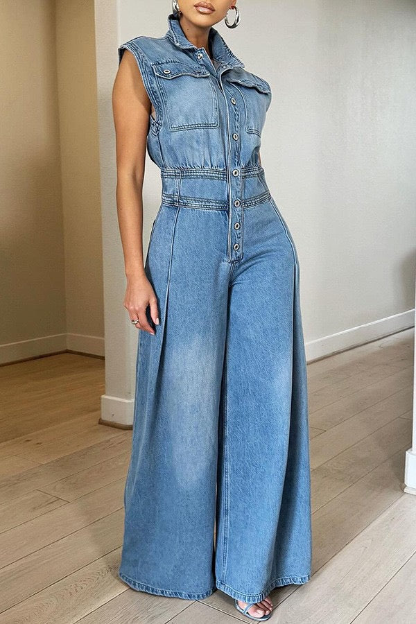 MB FASHION Sleeveless Wide Leg Denim Jumpsuit - Light Blue 1300