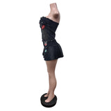 MB FASHION Denim Tube Top & Pleated Mini Skirt Set with Patches 88656