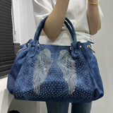 EVERY FASHION Blue Denim Angel Rhinestone Tote