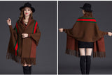 Every Fashion Elegant Fringe Trim Poncho Wrap with Classic Stripe Accent